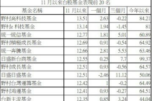 11月已有四成台股基金漲幅逾10% 前十名野村基金逾半數