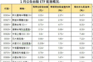 1月台股科技型ETF瘋高配息 00904年化配息率逾9.4%居冠