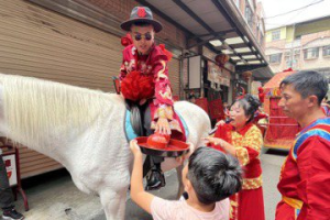 影／嫁妝一牛車！嘉義縣太保市古禮娶親 22歲新郎騎白馬迎娶美嬌娘