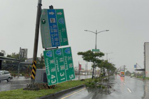 直擊！高雄道路指示牌垂降地面只剩「皮」 岌岌可危